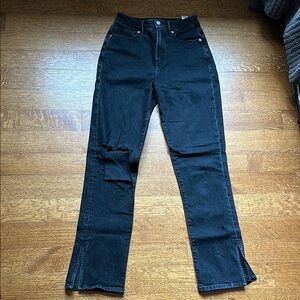 Good American Black Straight Leg Jeans with Knee Distressing
